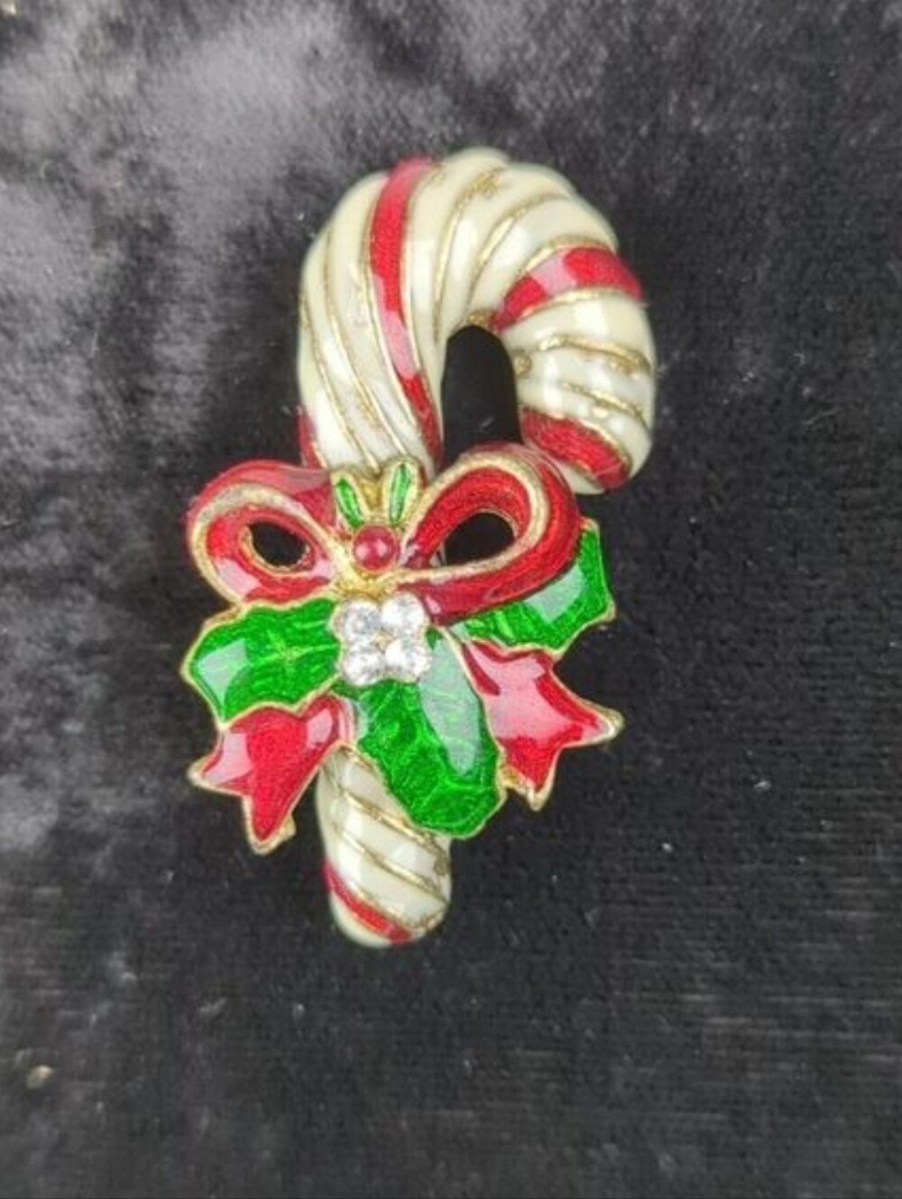 Vintage Christmas Brooch, Candy Cane With Bow & Rhinestones